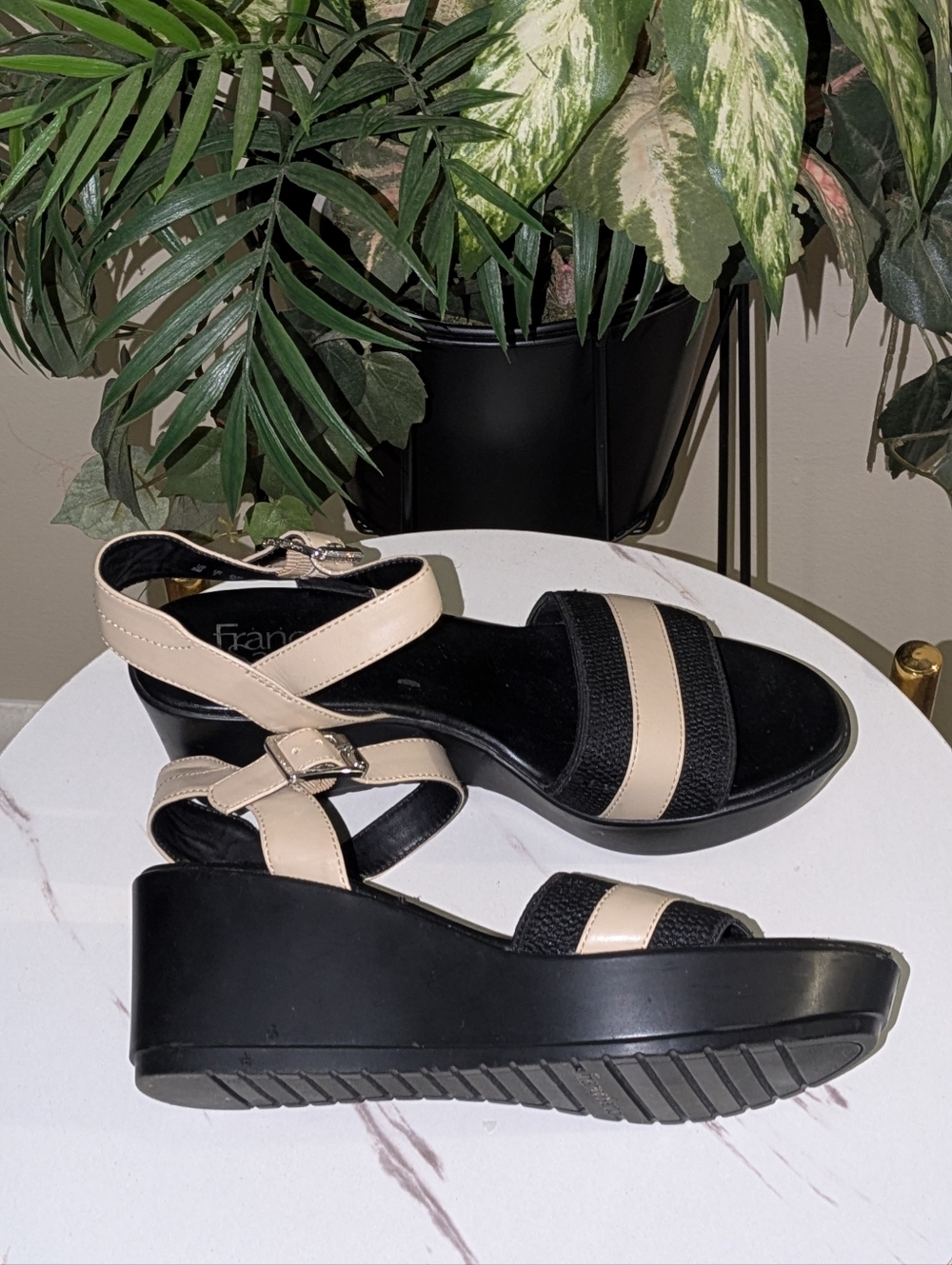 Franco Sarto Black and Beige Wedge Sandals with Ankle Strap - Picture 6 of 10